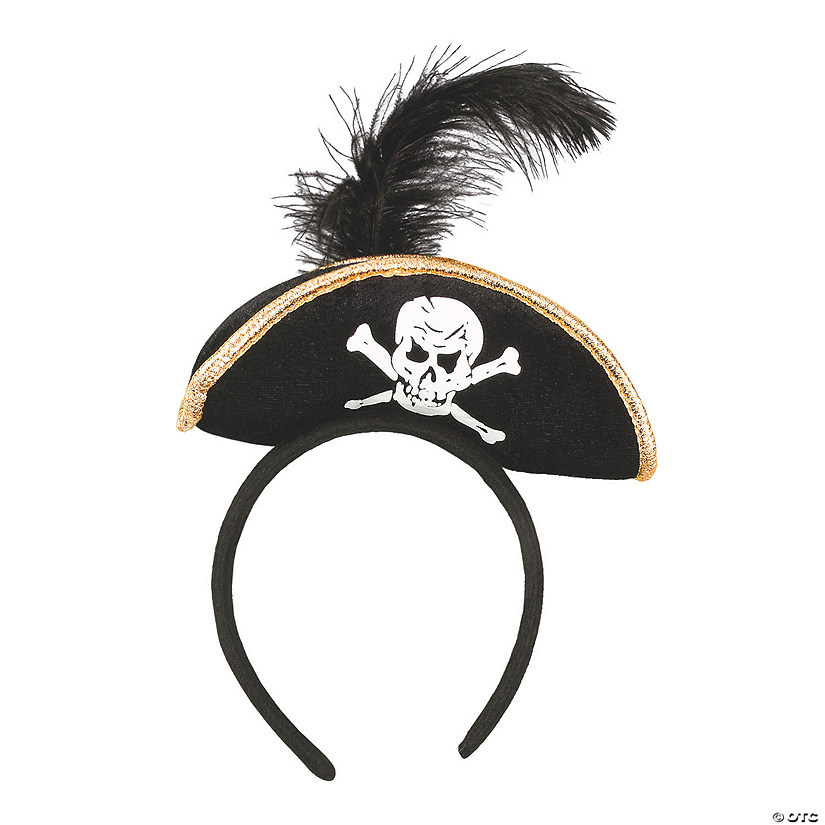 4" x 5 1/2" Skull & Crossbones Pirate Hat-Topped Black Polyester Headband Image