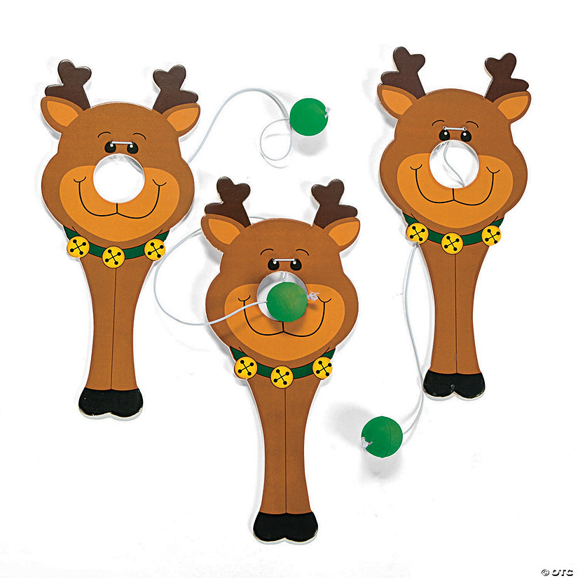 4" x 9" Christmas Reindeer Nose Catch Wood Paddleball Games - 12 Pc. Image