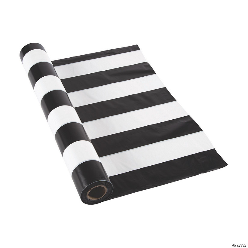 40" x 100 ft. Black & White Striped Disposable Plastic Tablecloth Roll Image