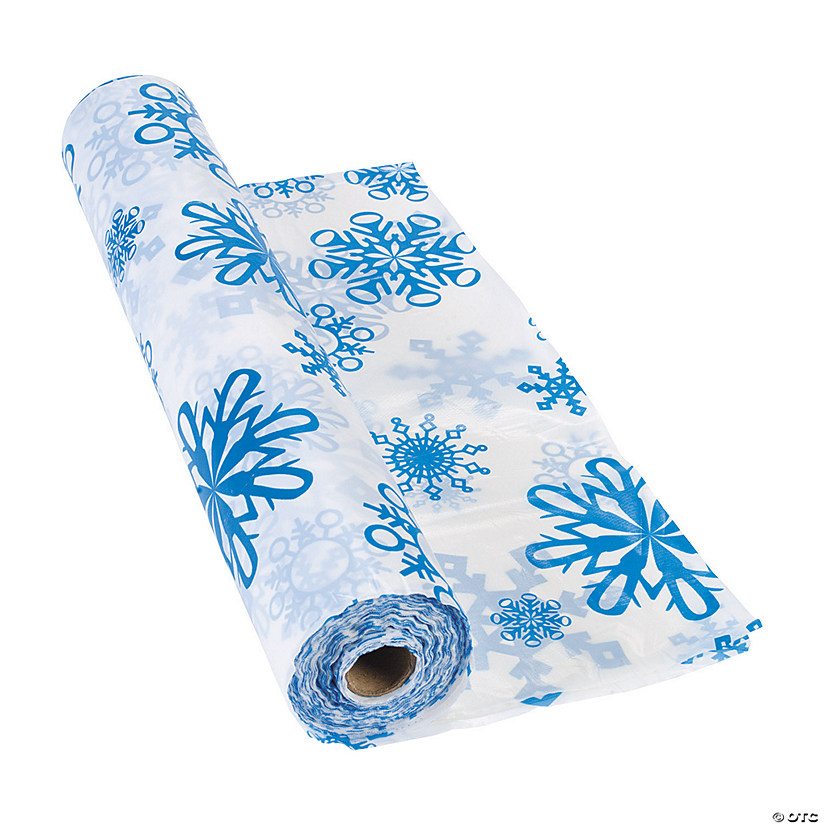 40" x 100 Ft. Blue Snowflake Disposable Plastic Tablecloth Roll Image