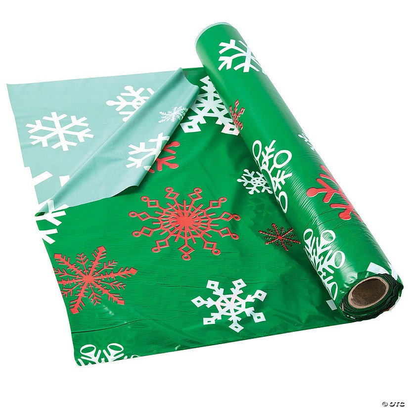 40" x 100 Ft. Green Snowflake Disposable Plastic Tablecloth Roll Image