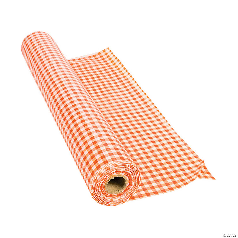 40" x 100 ft. Orange Gingham Disposable Plastic Tablecloth Roll Image