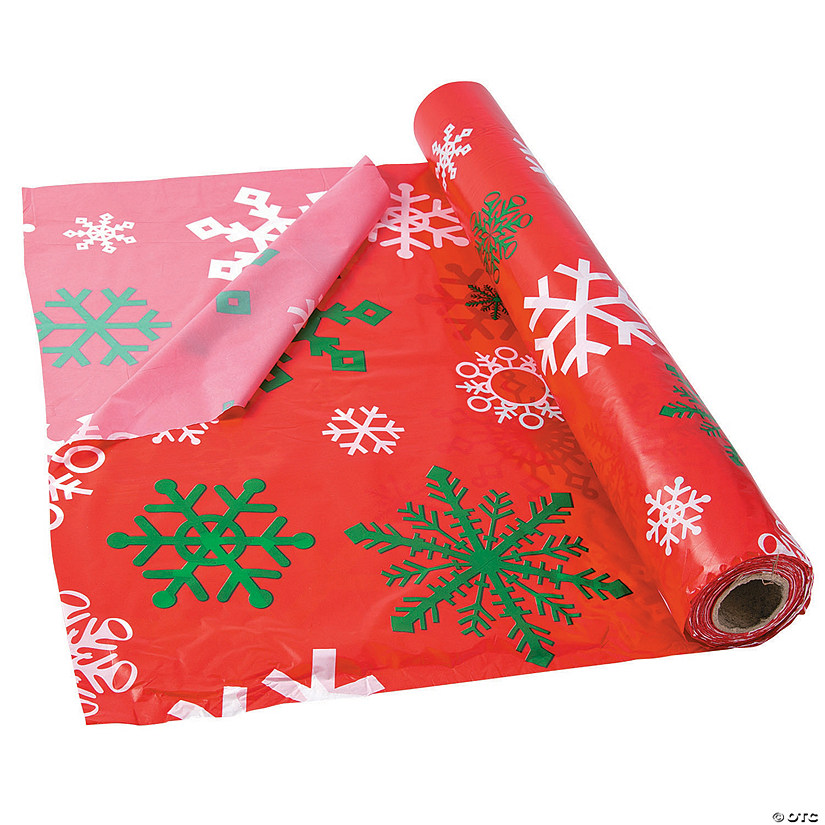 40" x 100 Ft. Red Snowflake Disposable Plastic Tablecloth Roll Image