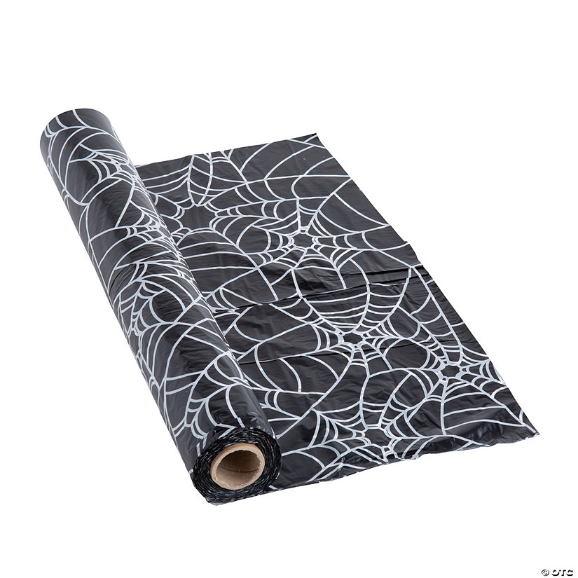 40" x 100 ft. Spider Web Black Disposable Plastic Tablecloth Roll Image