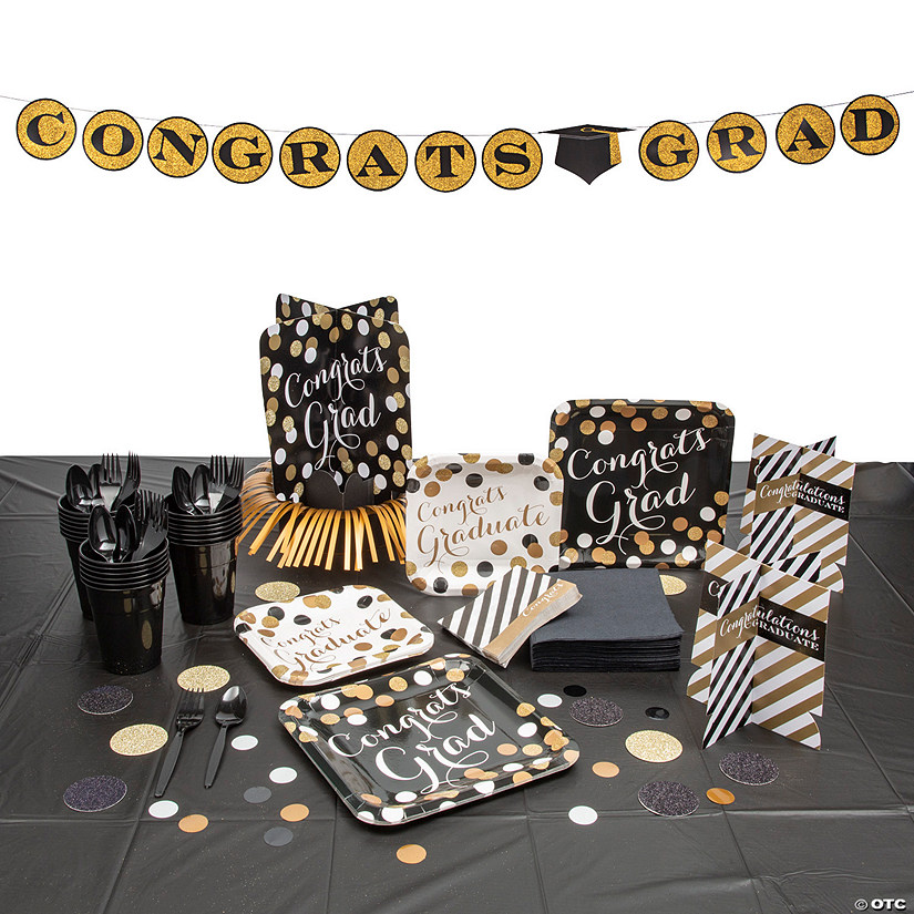 407 Pc. Black & Gold Congrats Grad Graduation Party Tableware Kit for 24 Guests Image