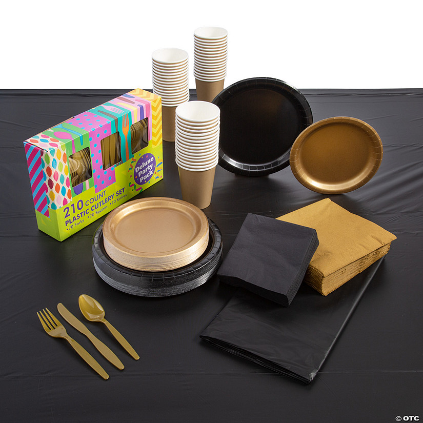 456 Pc. Black & Gold Tableware Kit for 48 Guests Image