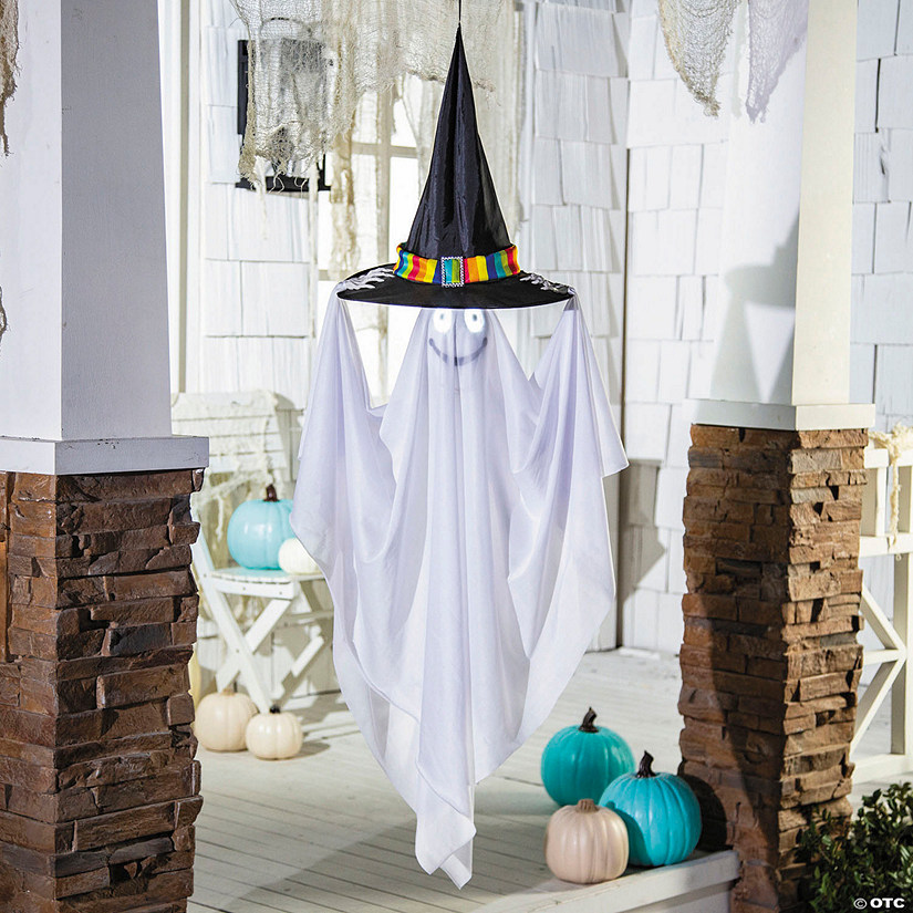 47 1/4" Light-Up Smiling Floating Ghost with Witch Hat Halloween Decoration Image