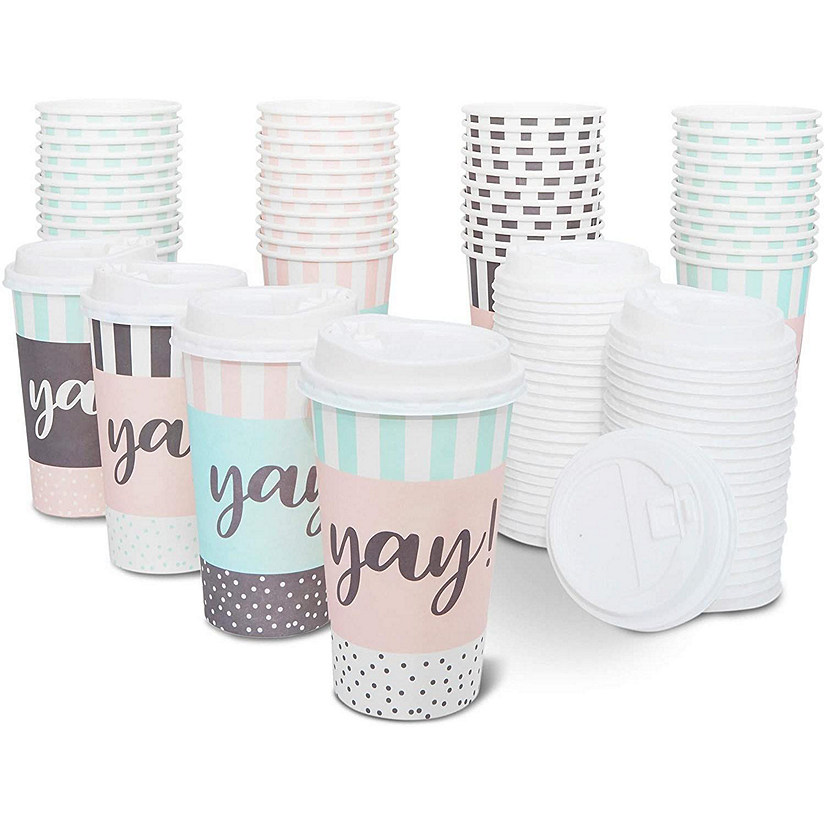 48 Pack Disposable 16oz Coffee Cups with Lids, 4 Assorted Yay Designs Image