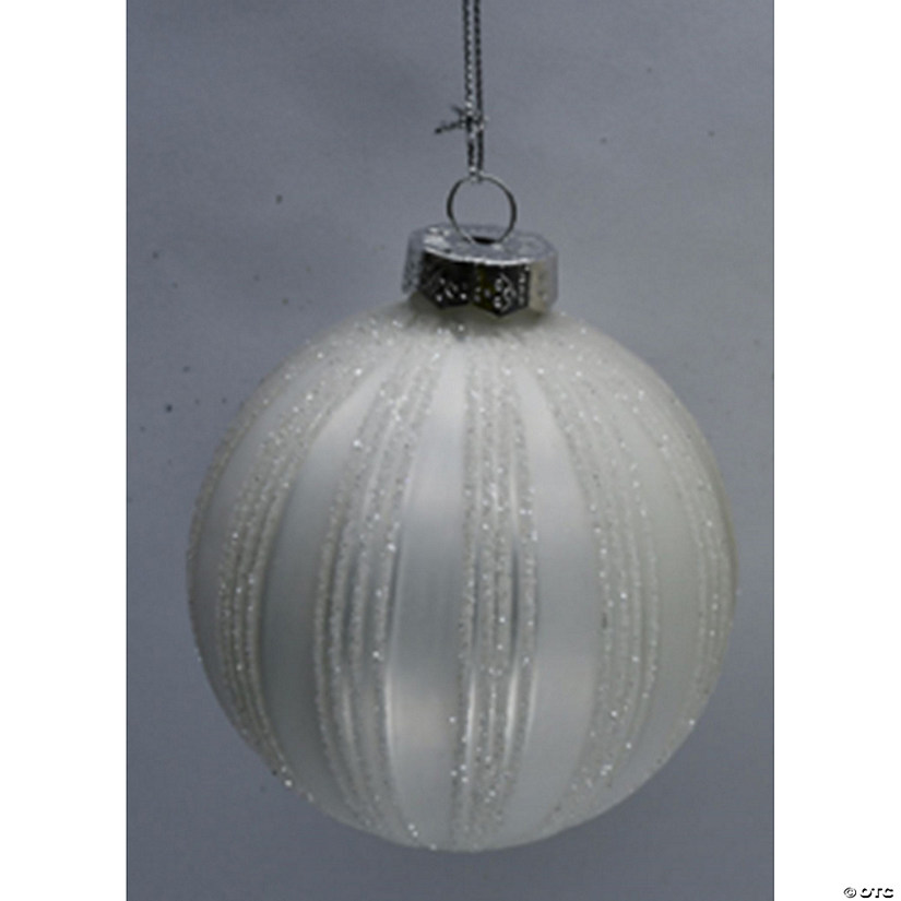 4ct White Christmas Glass Ball Ornaments with Glitter Stripes 3" Image