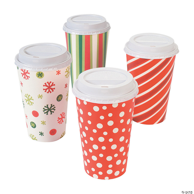 5 1/2" 16 oz. Bright Christmas Disposable Paper Coffee Cups with Lids - 12 Ct. Image