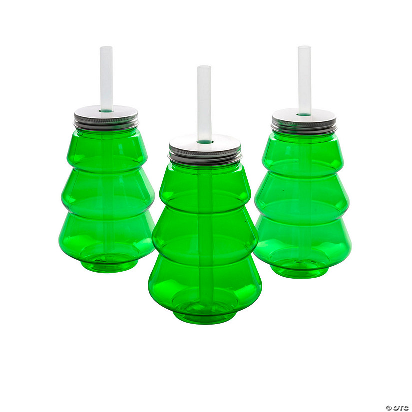 5 1/2" 18 oz. Christmas Tree Reusable BPA-Free Plastic Cups with Lids & Straws - 12 Ct. Image