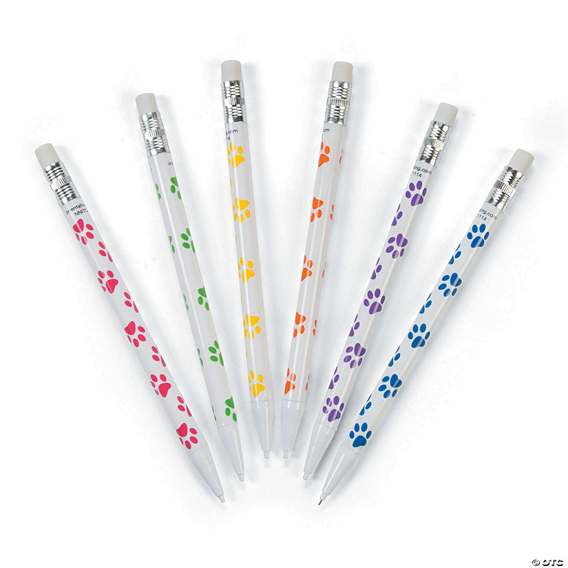 5 1/2" Bright Paw Print White Plastic Mechanical Pencils - 24 Pc. Image