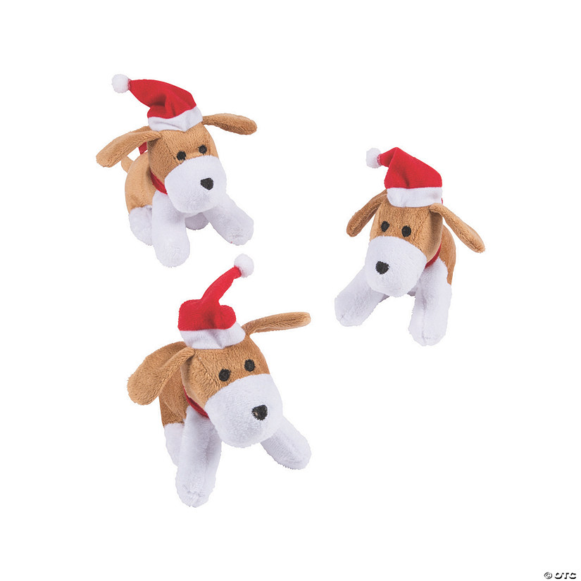 5 1/2" Christmas Brown & White Stuffed Dogs with Santa Hats - 12 Pc. Image