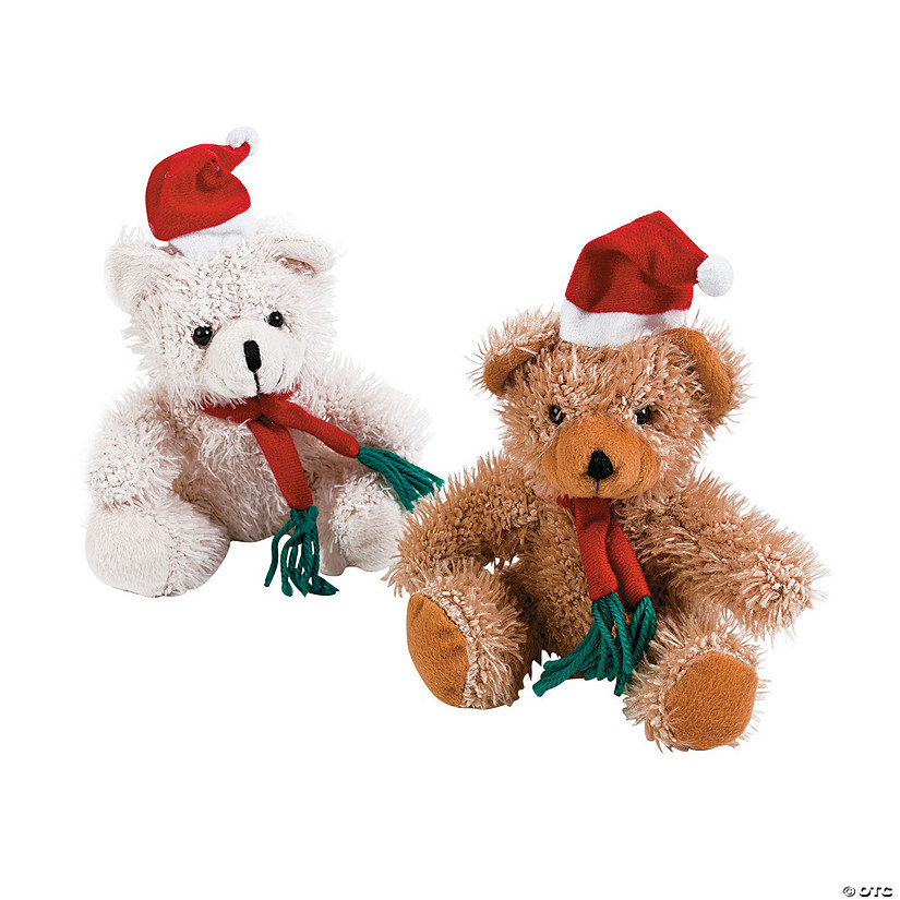 5 1/2" Christmas Brown & White Stuffed Teddy Bears with Scarf & Santa Hat - 12 Pc. Image