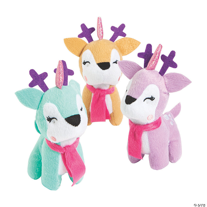 5 1/2" Christmas Stuffed Reindeer Unicorns with Scarf - 12 Pc. Image