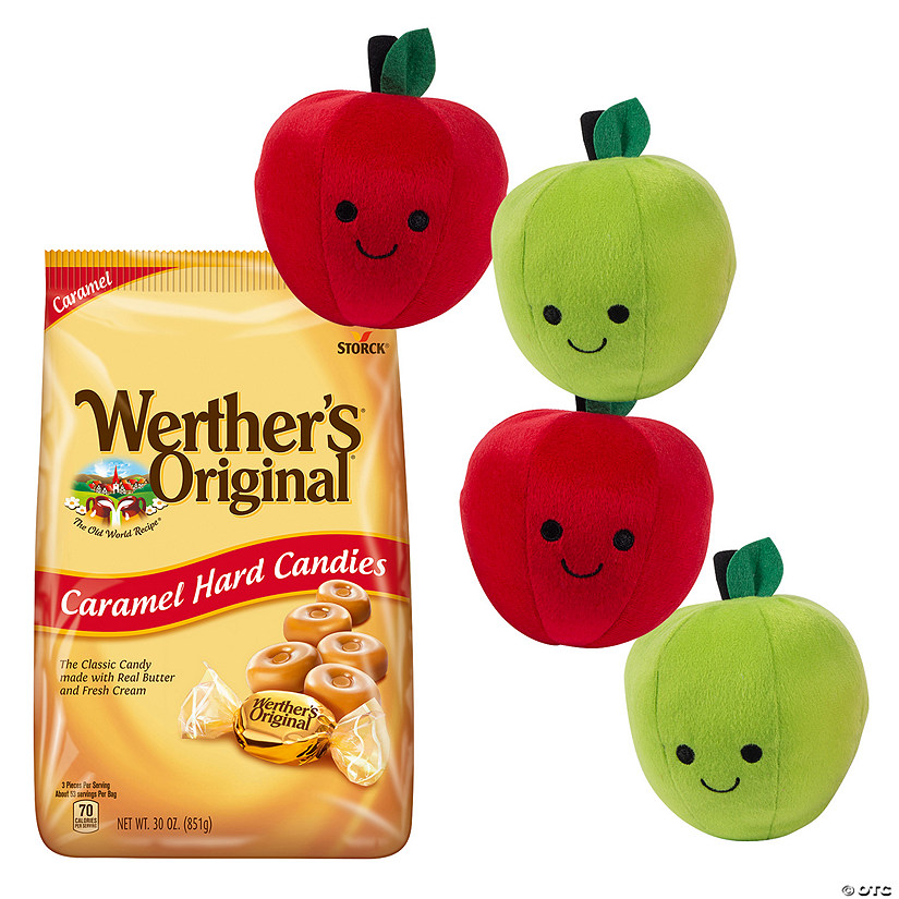 5 1/2&quot; Red &amp; Green Smiling Plush Apple &amp; Caramel Candy Kit - 18 Pc. Image