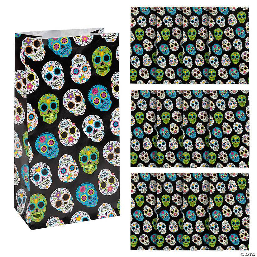 5 1/4" x 10" Day of the Dead Sugar Skull Paper Treat Bags - 12 Pc. Image