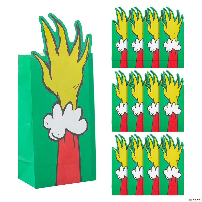 5 1/4" x 13 1/4" Fold-Over Dr. Seuss&#8482; The Grinch Hand Paper Treat Bags - 12 Pc. Image