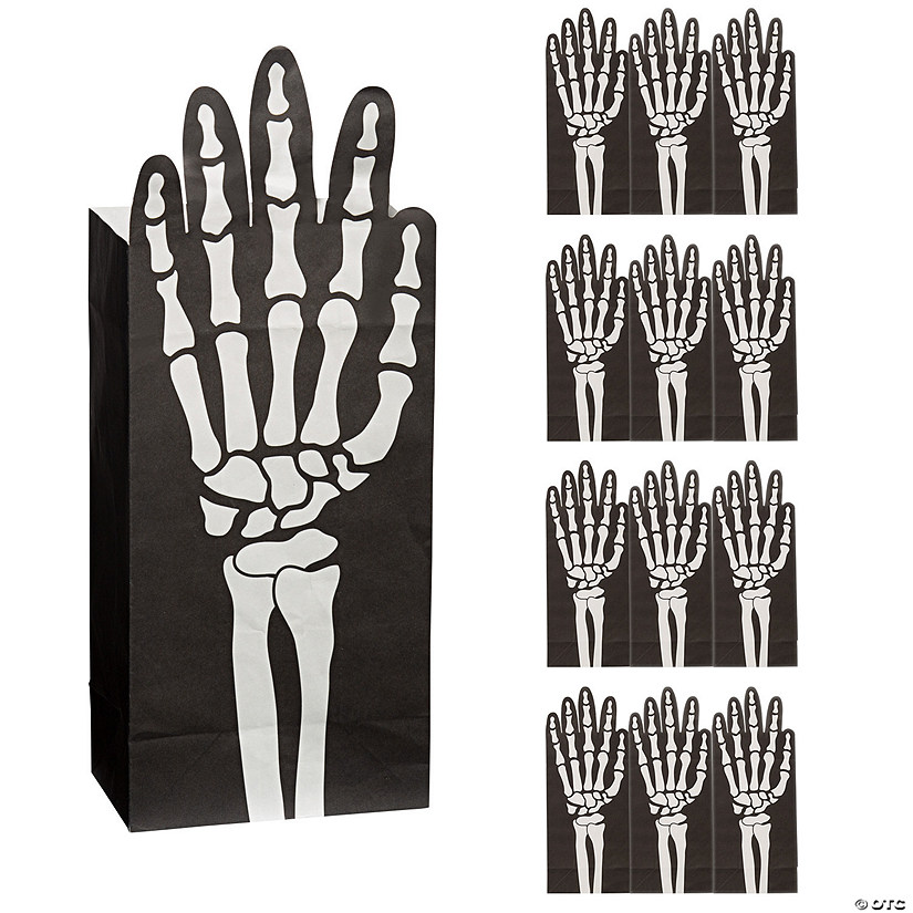 5 1/4" x 13" Fold-Over Skeleton Hand Paper Treat Bags - 12 Pc. Image