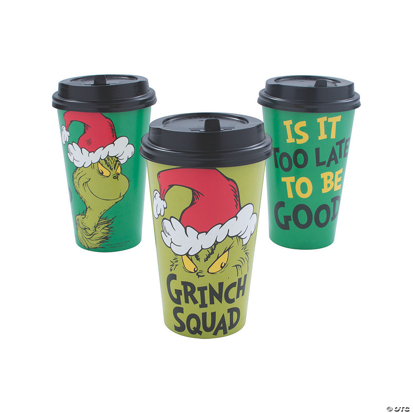 5" 16 oz. Dr. Seuss&#8482; The Grinch Squad Disposable Paper Coffee Cups with Lids - 12 Ct. Image