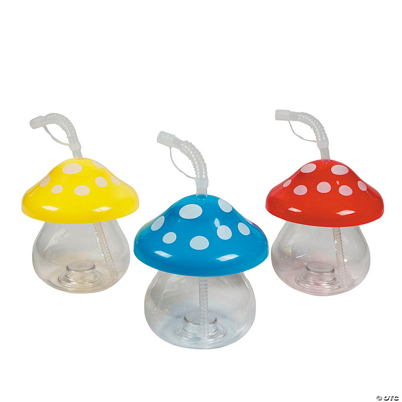 5 3/4&quot; 24 oz. Mushroom-Shaped Plastic Cups with Lids &amp; Straws - 12 Pc. Image