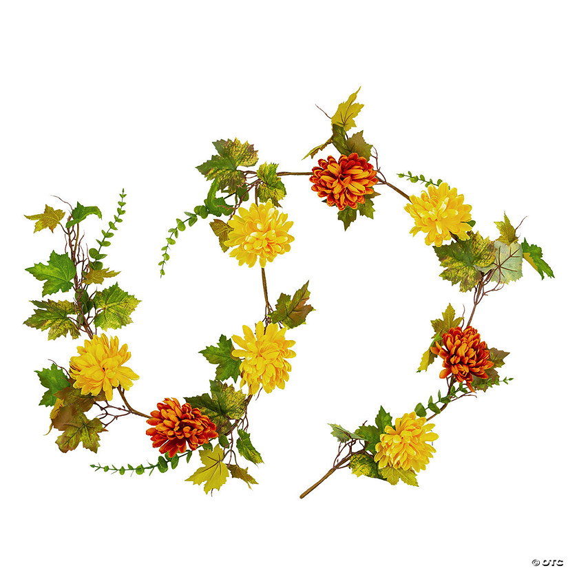 5.5' x 6" Red and Yellow Maple Leaf with Mum Flower Thanksgiving Garland - Unlit Image