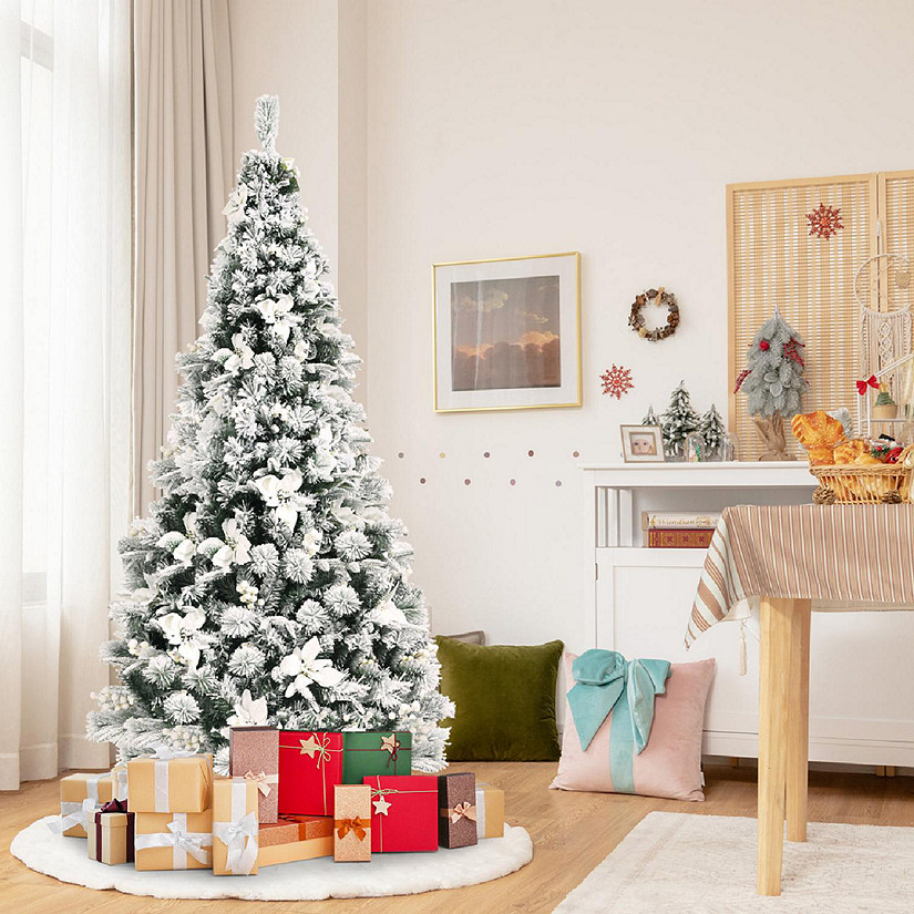 5/6/7/8 FT Artificial Snow Flocked Christmas Tree Hinged Xmas Tree w