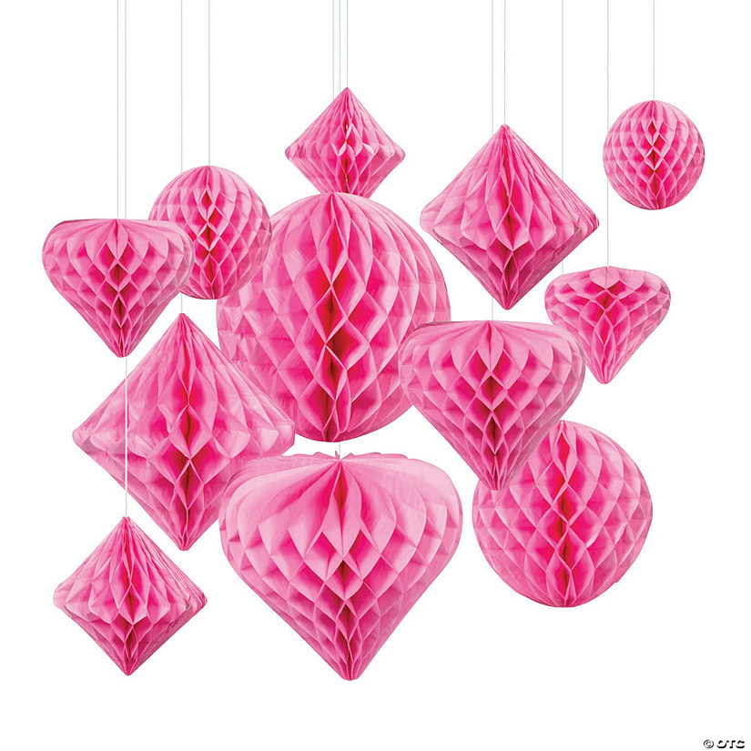 5.75" - 12" Classic Pink Hanging Paper Honeycomb Decoration Assortment - 12 Pc. Image