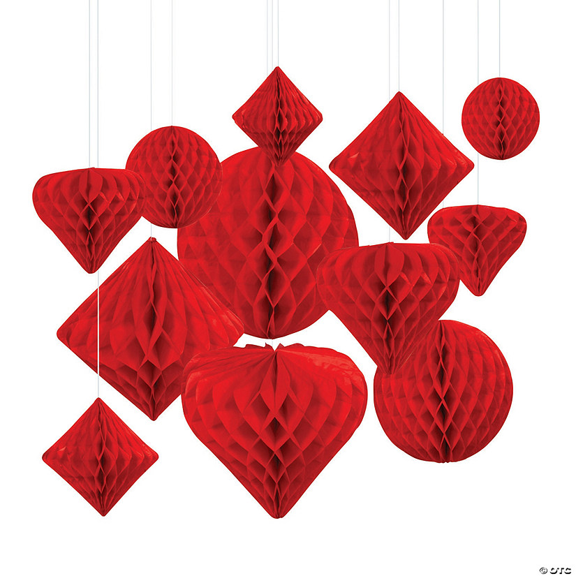 5.75" - 12" Red Hanging Paper Honeycomb Decoration Assortment - 12 Pc. Image