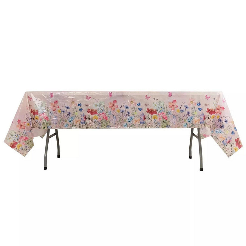 5 Blush Rectangular 54" x 108" Plastic Tablecloths with Butterfly Floral Print Image