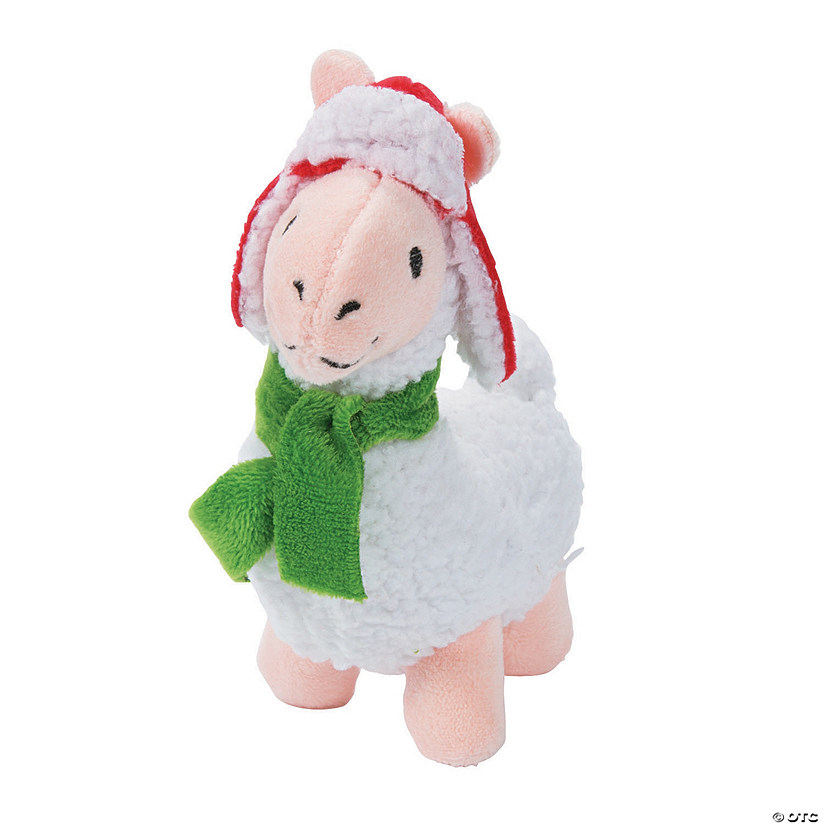 5" Christmas Fuzzy Stuffed White Llamas with Hat & Scarf - 12 Pc. Image