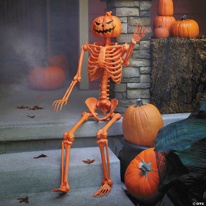 5 Ft. Posable Orange Pumpkinhead Skeleton Halloween Decoration Image
