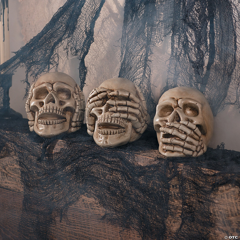 5" Hear No Evil, See No Evil, Speak No Evil Skulls Resin Halloween Decoration Image