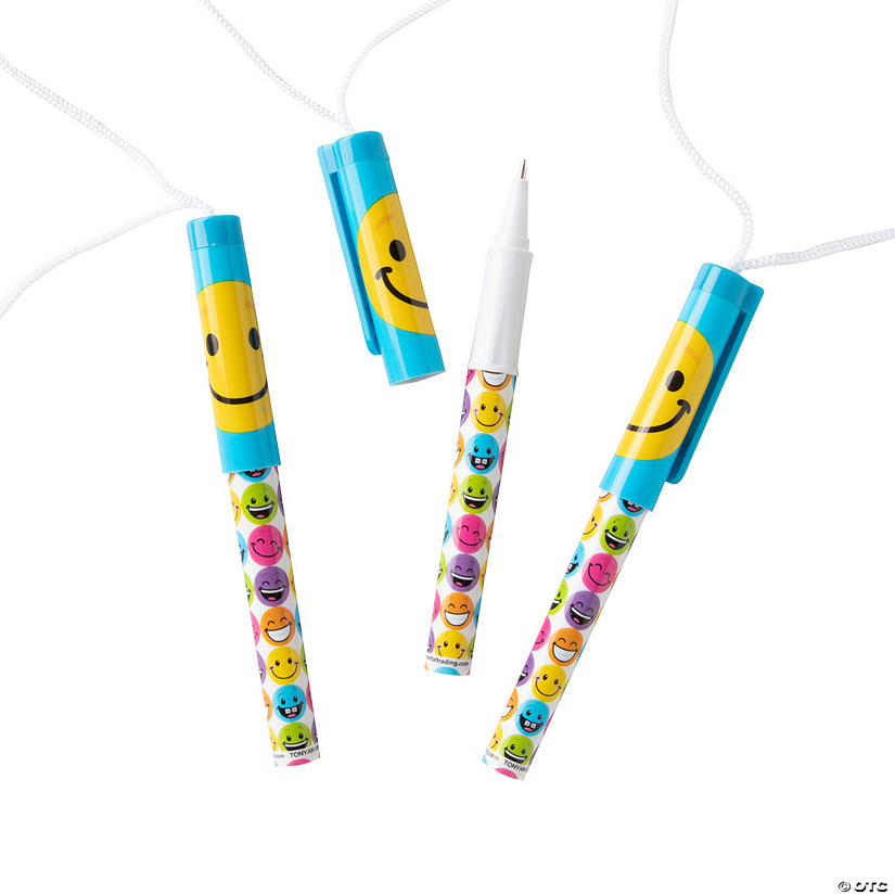 5" Multicolor Smile Face Plastic Pens on a Rope - 12 Pc. Image