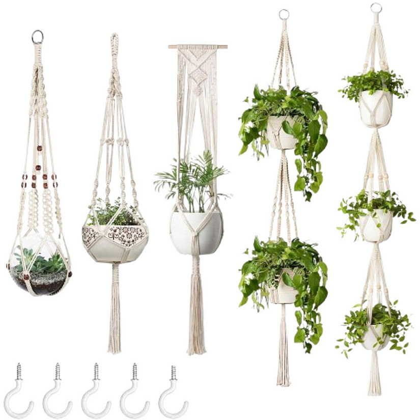 5-Pack Macrame Plant Hangers - Indoor Hanging Baskets with Hooks Image