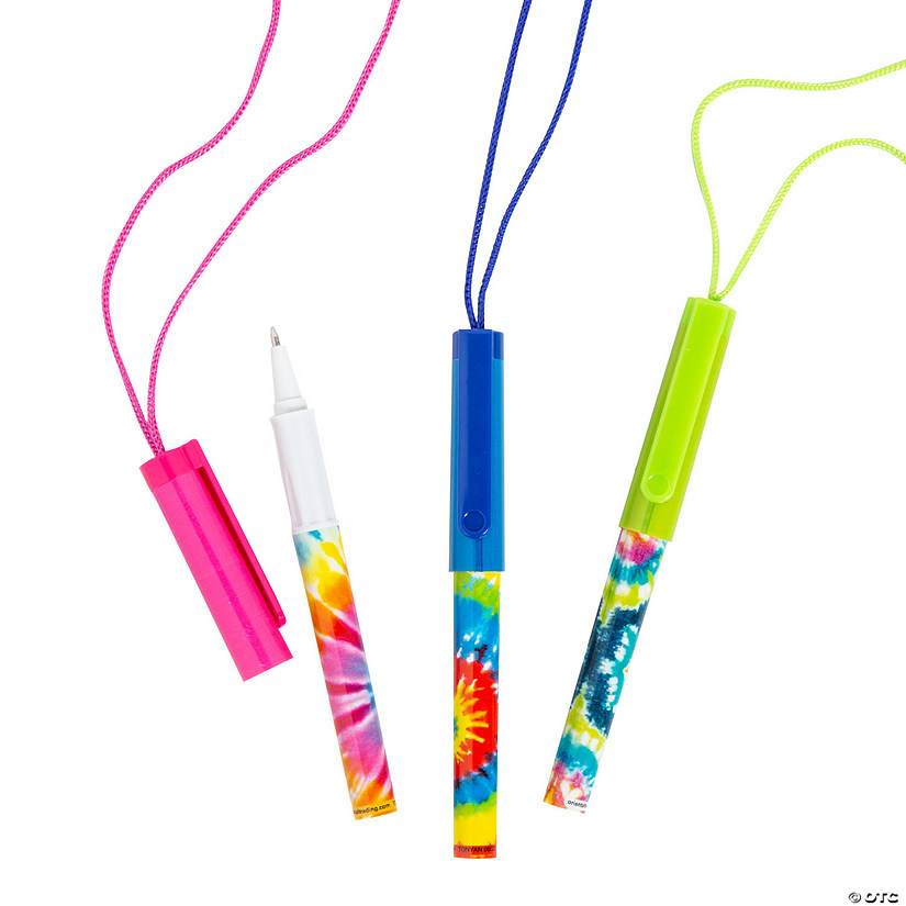 5" Tie-Dyed Multicolor Plastic Pens on a Rope - 12 Pc. Image