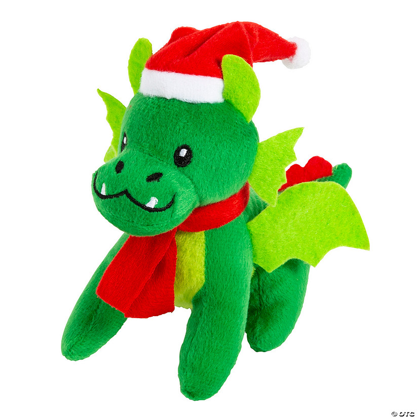 5" x 5 1/4" Christmas Green Suffed Dragons with Santa Hat & Scarf - 12 Pc. Image