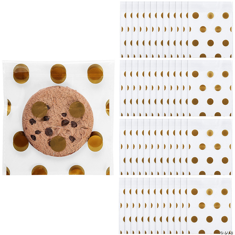 5" x 5" Gold Polka Dot Cellophane Cookie Treat Bags - 144 Pc. Image