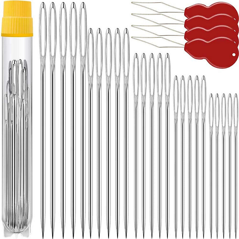 50 Pack Large Eye Needles for Hand Sewing with 4 Needle Threaders, Assorted Sizes, Embroidery Image