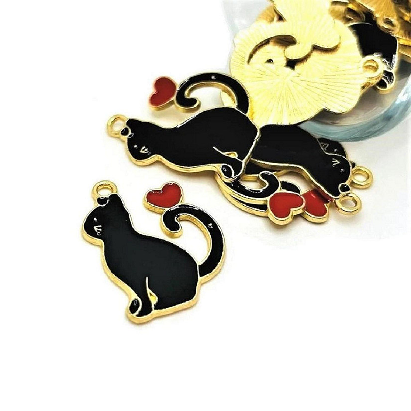50 Pcs Black Enamel Cat with Hearts Image