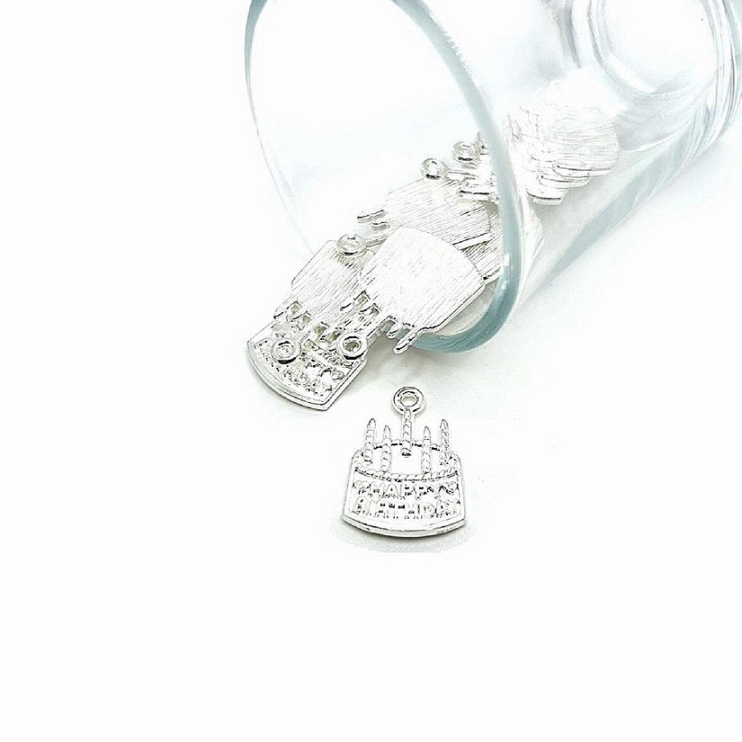 50 Pcs Silver Happy Birthday Cake Charms Image