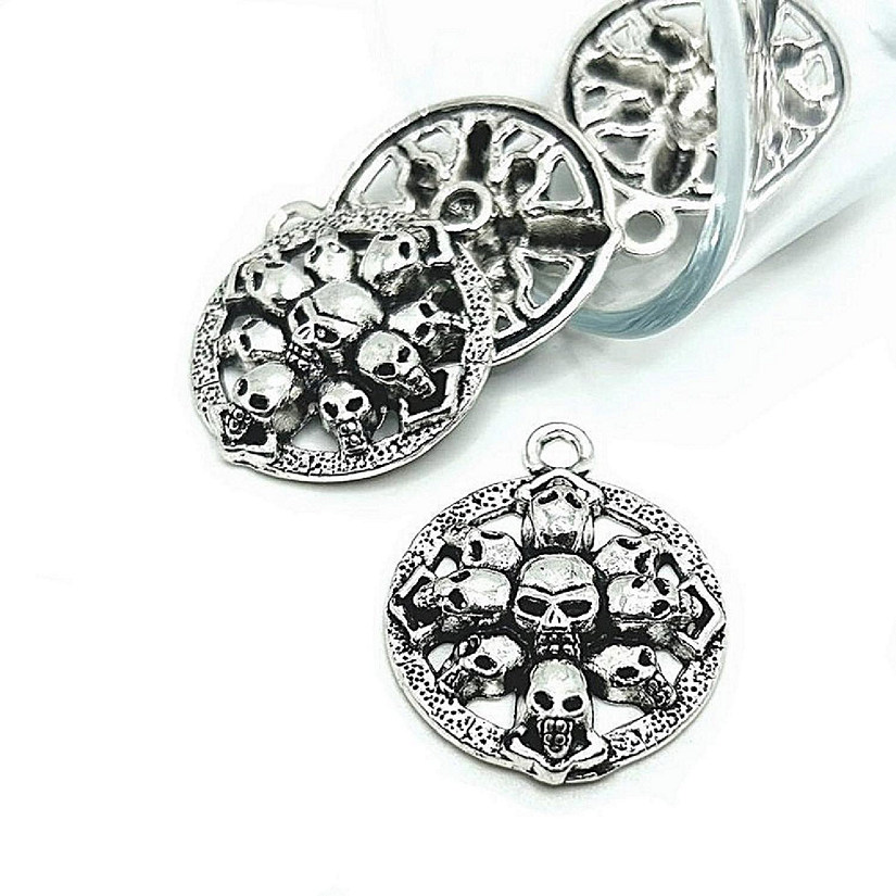 50 Pcs Silver Round Skull Pendant Charms Image