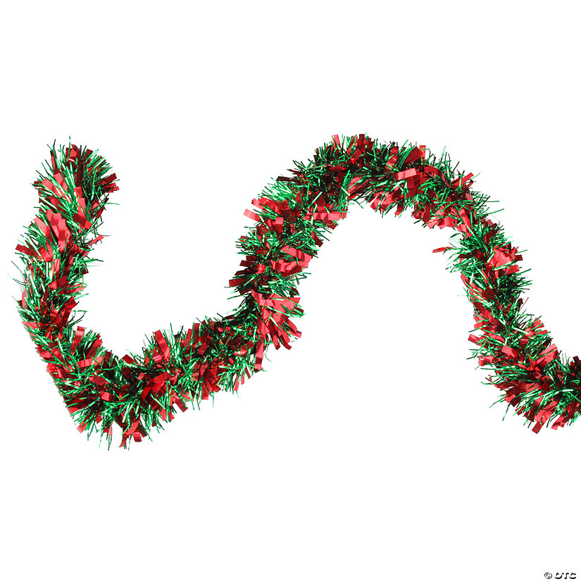 50' x 4" Shiny Green and Red Wide Cut Tinsel Christmas Garland - Unlit Image