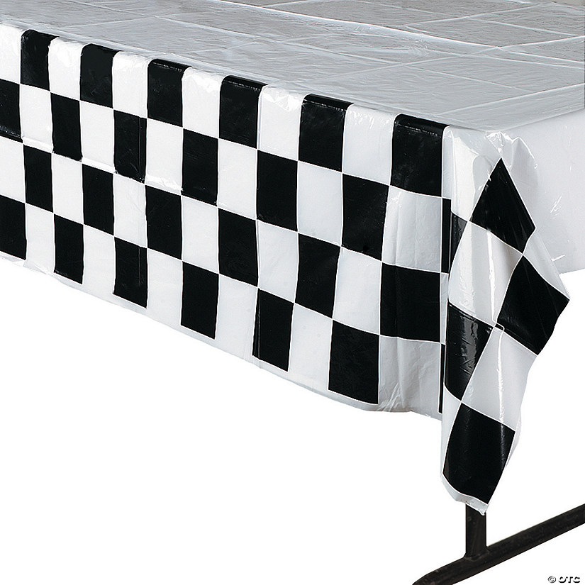 54" x 108" Black &amp; White Checkered Rectangle Disposable Plastic Tablecloth Image