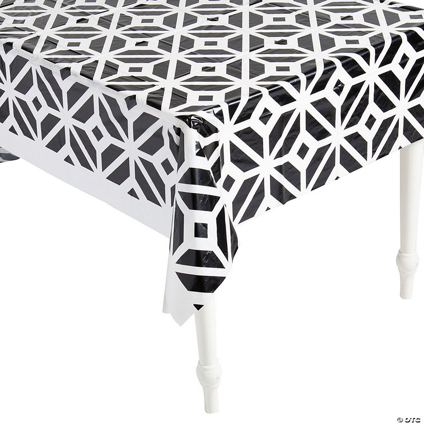 54" x 108" Black & White Geometric Print Plastic Tablecloth Image