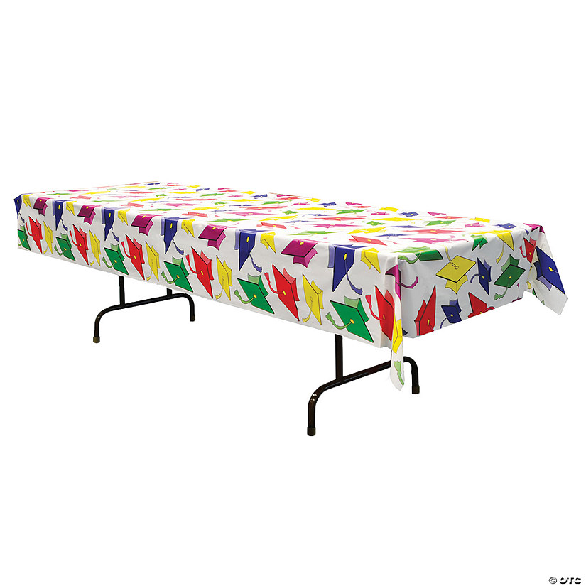54" x 108" Graduation Colorful Hats Rectangle Disposable Plastic Tablecoth Image
