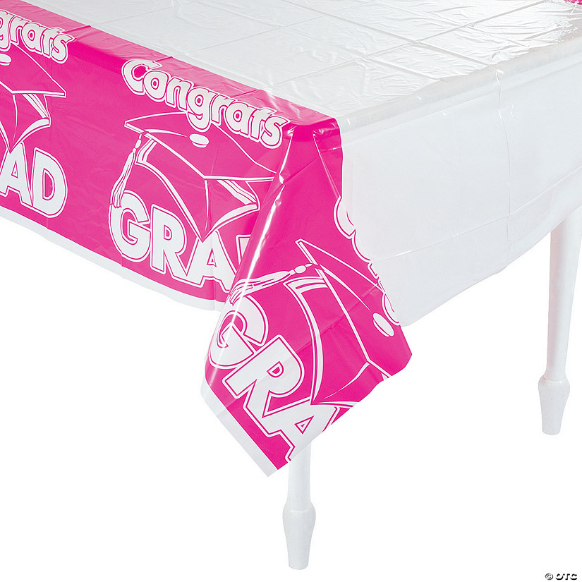 54" x 108" Hot Pink Congrats Grad Plastic Tablecloth Image
