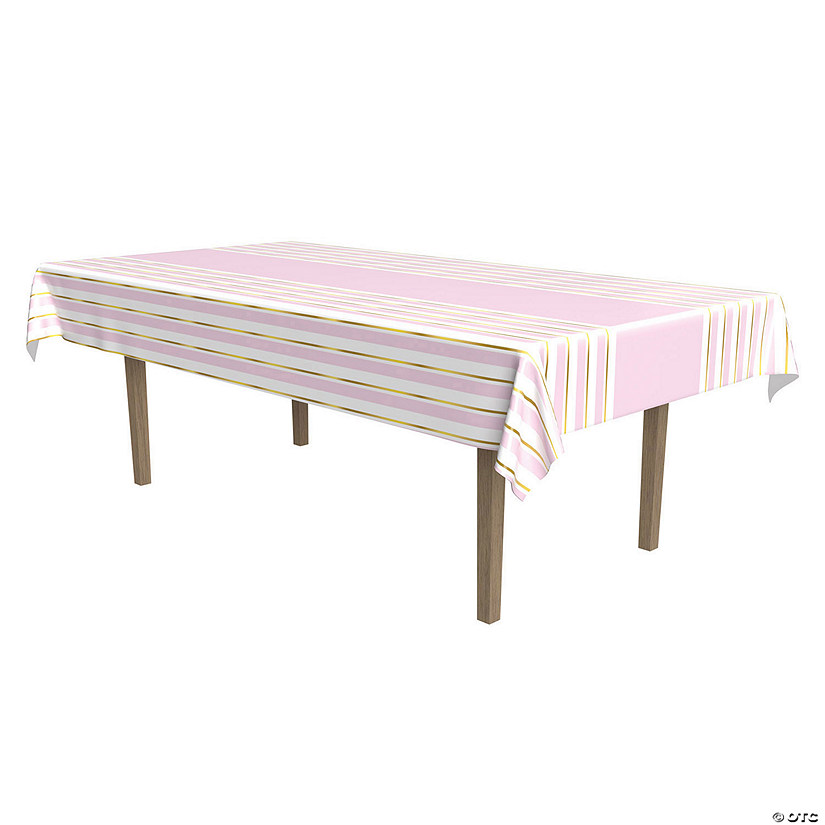 54" x 108" Metallic Gold & Pink Striped Rectangle Disposable Plastic Tablecloth Image
