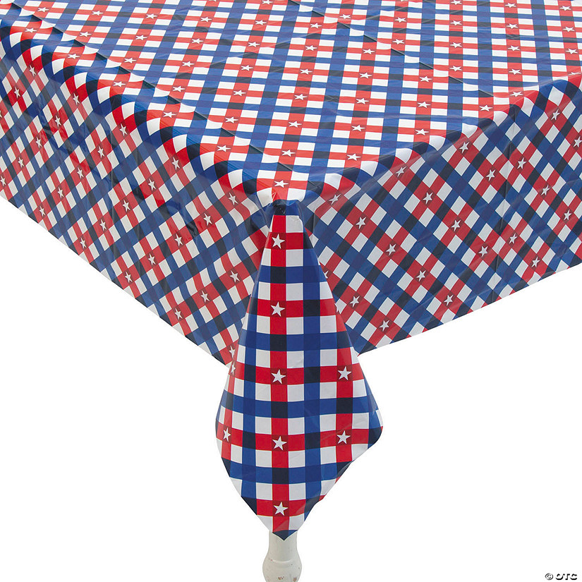 54" x 108" Patriotic Gingham Rectangle Disposable Plastic Tablecloth Image