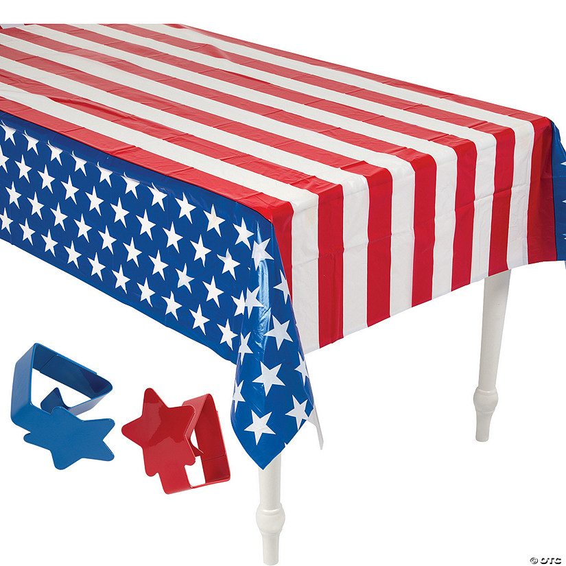 54" x 108" Patriotic Plastic Tablecloth & Clip Kit for 2 Tables - 14 Pc. Image